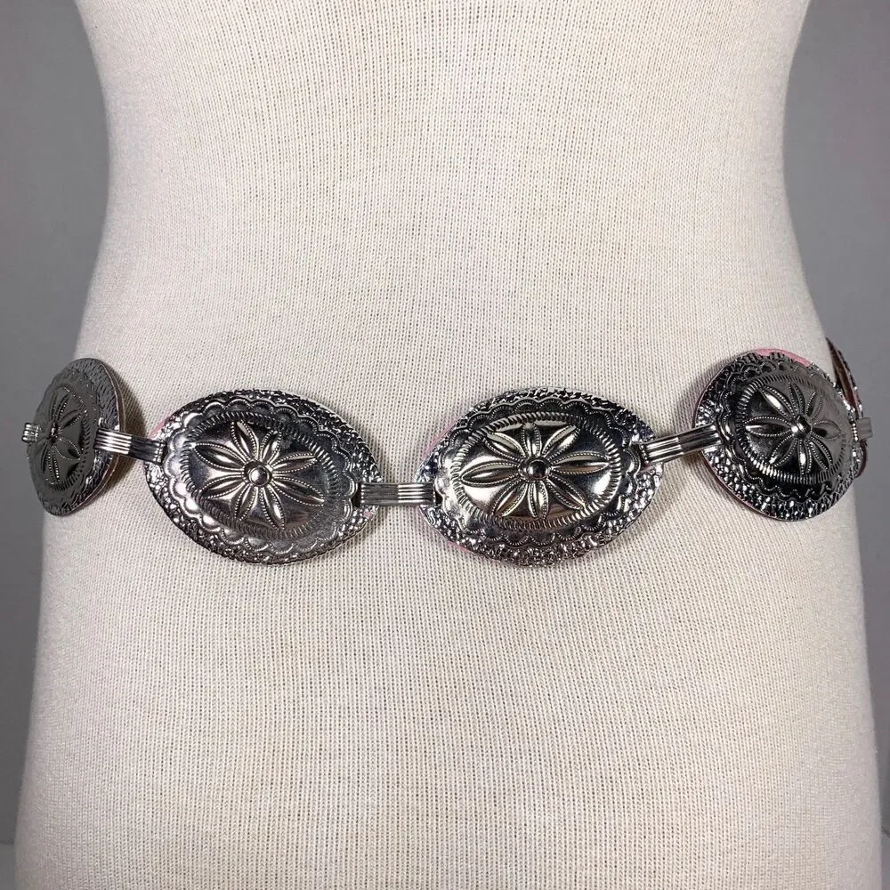 Vintage 80s Silver Pink Distressed Concho Western Boho Belt 32